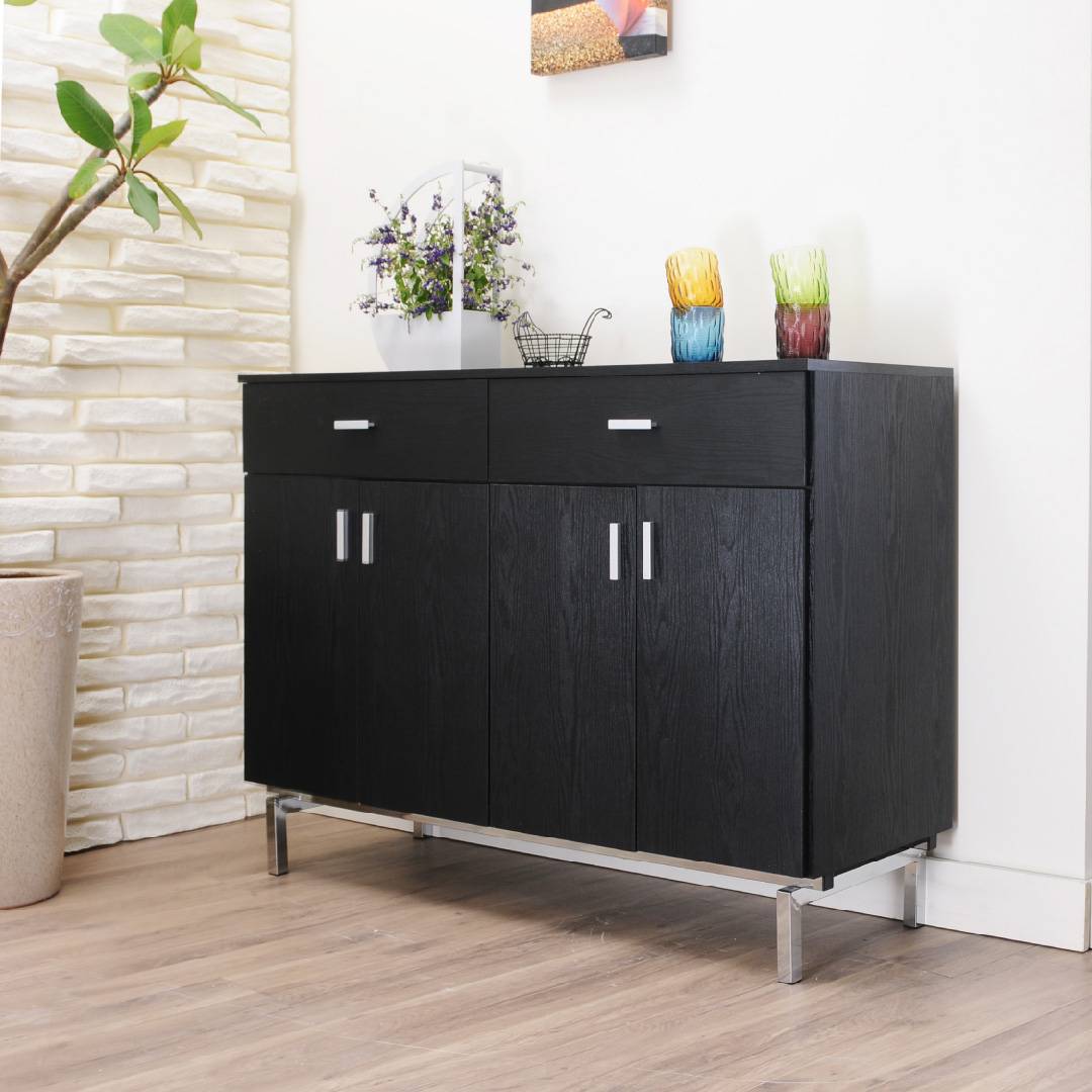 Zwei Schubladen, laminierter Stauraum, Metallfüße, Hochschrank, schwarz, space sense